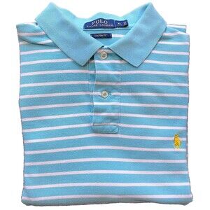 Polo Ralph Lauren Custom Fit Turquoise Blue White Striped Shirt Men XL Pony EUC